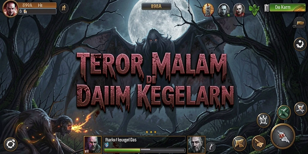 Tampilan gameplay menegangkan dalam lingkungan gelap dan menyeramkan.