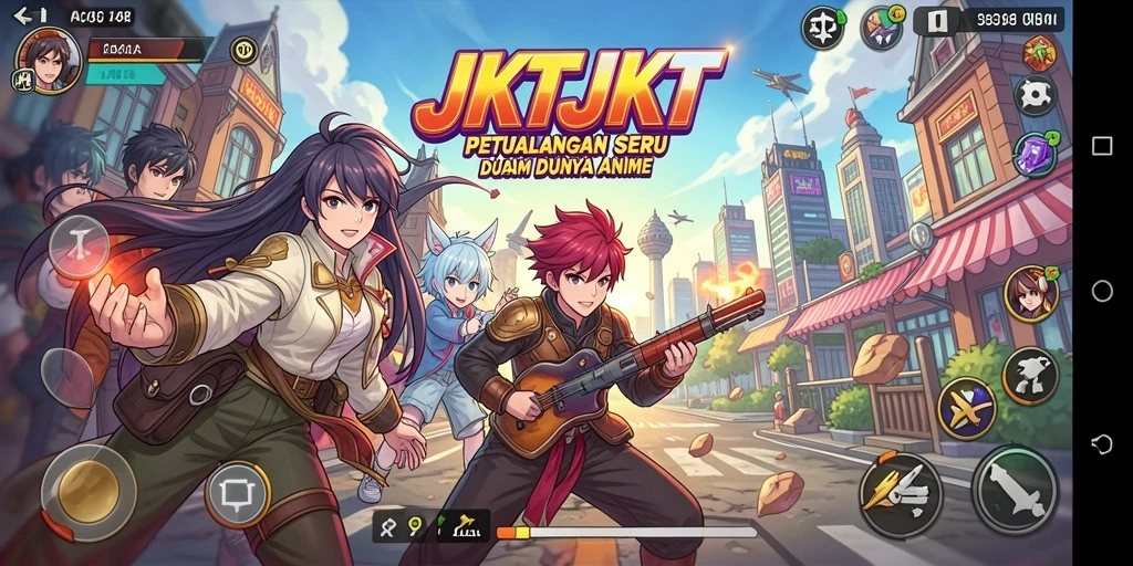 Screenshot JKTJKT menampilkan karakter anime dalam pertempuran seru.