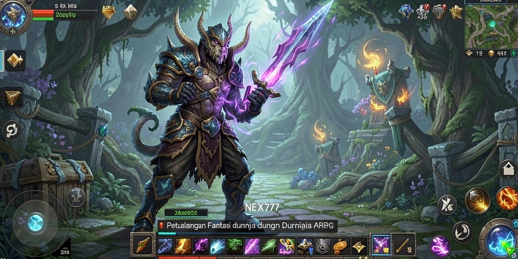 Tampilan utama NEX777 dengan aksi gameplay yang seru dan karakter menarik.