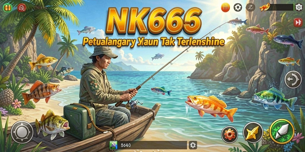 Screenshot NK666 menampilkan momen seru saat menangkap ikan besar di danau.