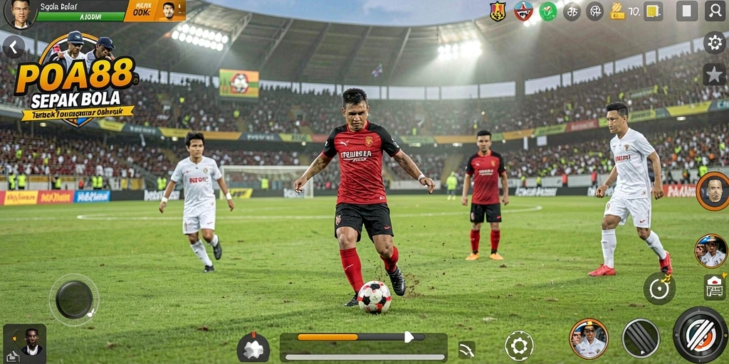 Screenshot utama POA88 menampilkan aksi seru di lapangan sepak bola.