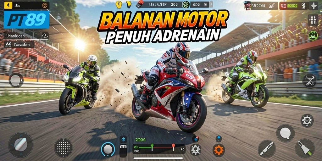 Tampilan menarik dari gameplay balapan motor PT89 yang seru.