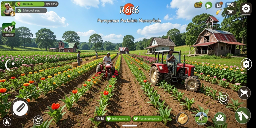 Screenshot utama R6R6 menampilkan petani yang sedang merawat tanaman di ladang.