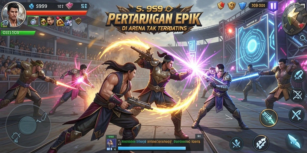 Tampilan gameplay S9S9 saat pertarungan karakter di arena.