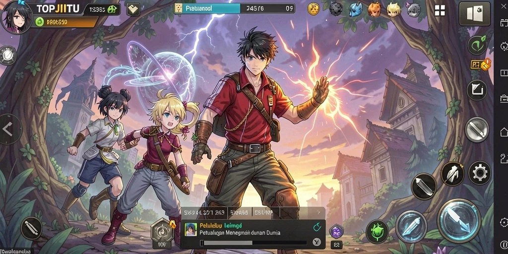 Screenshot gameplay <strong>TOPJITU</strong> menampilkan pertempuran epik dengan karakter Anime.